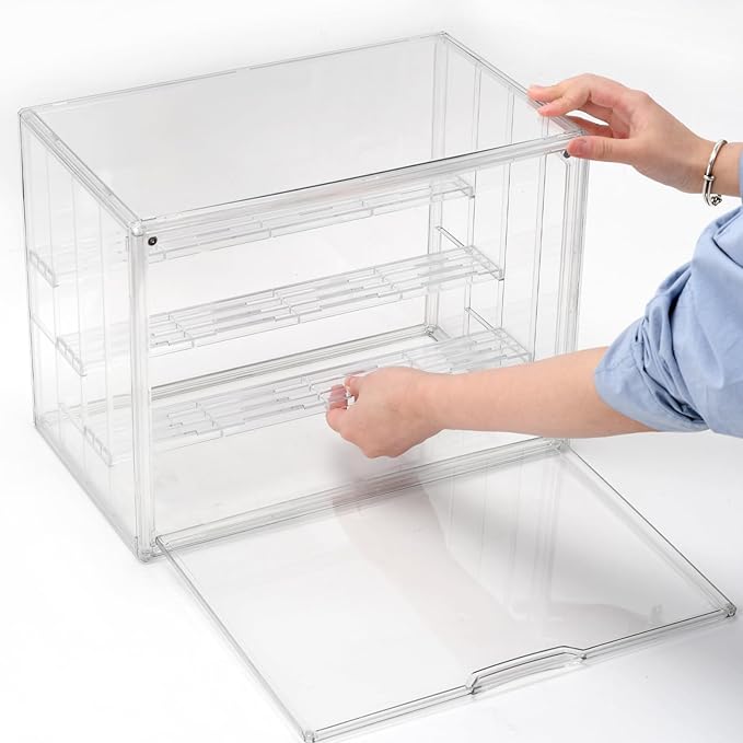 4 Tiers Clear Ddisplay Cases for Collectibles, Acrylic Storage Organizers Box with Magnetic Door, Desktop Clear Showcase with 3 Adjustable Divider Storage Box for Action Figure