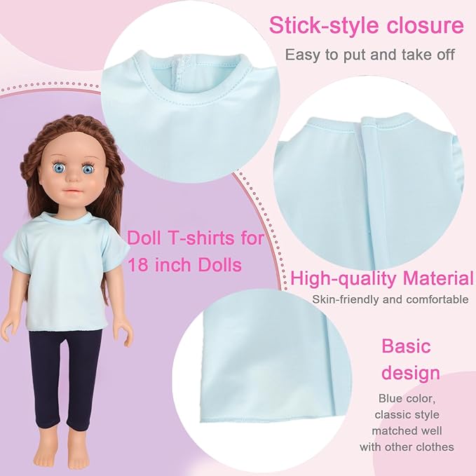 5-Piece Light Blue T-Shirts for 17-18 Inch Dolls / DIY Customizable Plain Tees (Blue)