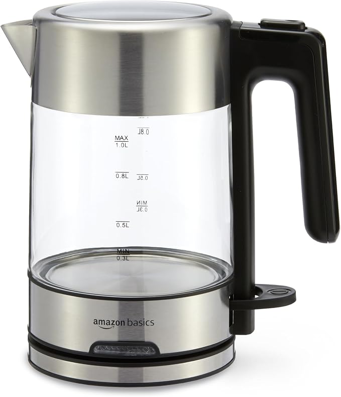 Amazon Basics Electric Kettle with Glass Carafe for Tea and Coffee, Fast Boiling, Auto Shut-Off, Boil-Dry Protection, Temperature Control, Removable Filter, 1 Liter, 1500W, BPA-Free