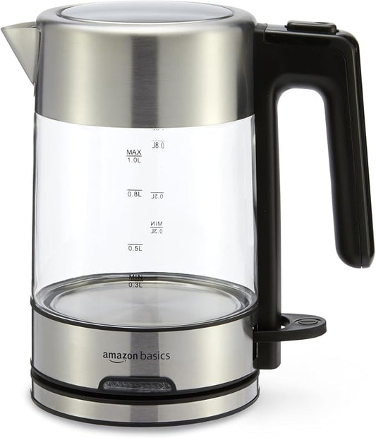 Amazon Basics Electric Kettle with Glass Carafe for Tea and Coffee, Fast Boiling, Auto Shut-Off, Boil-Dry Protection, Temperature Control, Removable Filter, 1 Liter, 1500W, BPA-Free