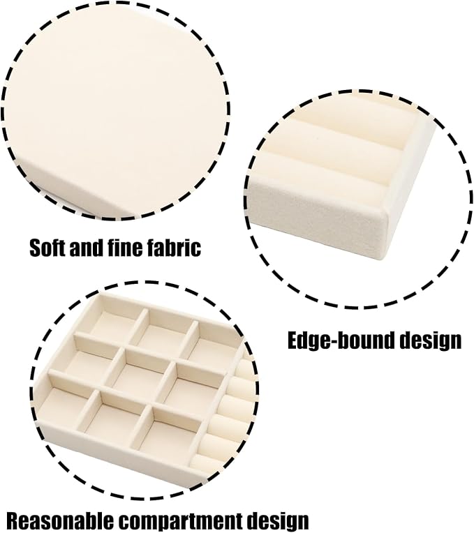 Velvet Jewelry Organizer Trays Beige 9 Grids and Rolls | Stackable Jewelry Storage Display Tray with Removable Dividers for Drawer Dresser Cloest Organizer