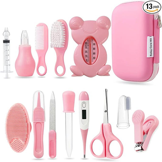 PandaEar Baby Healthcare and Grooming Kit, 13-in-1 Pink: Baby Comb, Brush, Finger Toothbrush, Nail Clippers, Scissors, Nasal Aspirator, Baby Essentials Nursery Care Kit
