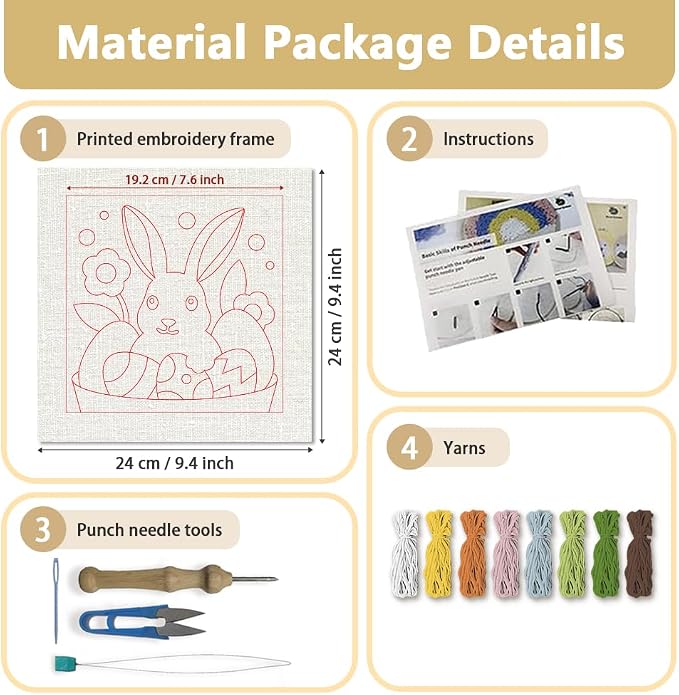 Doodlream Easter Rabbit Eggs DIY Punch Needle Embroidery Kit for Adult Beginner, 9.4" Cute Bunny Animal Punch Stitching Craft Set for Starter with Frame,Fabric Pattern,Threader, Yarn, Pinch Needle
