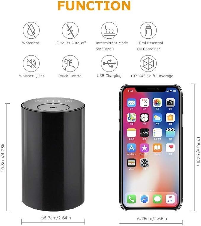 Waterless Nebulizing Essential Oil Diffuser - 48H Battery Powered Portable Aromatherapy with 3 Intensity Levels, USB-C Rechargeable for Car Home Office Yoga Travel (Black)