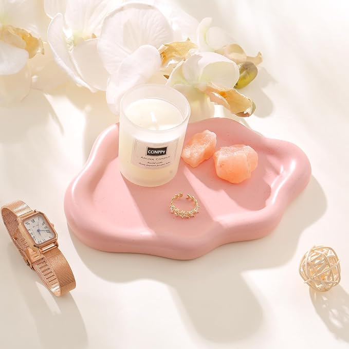 CCINPPY Ceramic Cloud Jewelry Tray Trinket Dish Key Bowl Nightstand Decor | Decorative Small Desk Tray Jewelry Plate Key Holder Bowl Cute Bedroom Room Decor Aesthetic, Gift for Women, Pink Medium