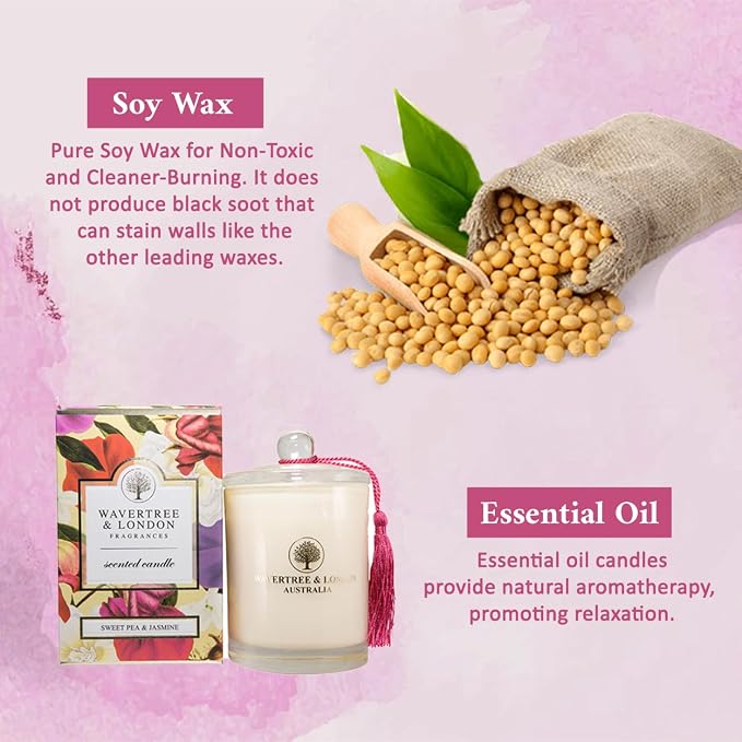 Wavertree & London Organic Sweet Pea & Jasmine Scent Soy Wax Candle | Non Toxic 100% Cotton Wick Triple Scented Pure Natural Soy Wax Candles, Hand Poured in Australia | 60 Hours Burning Time, 11.66 Oz