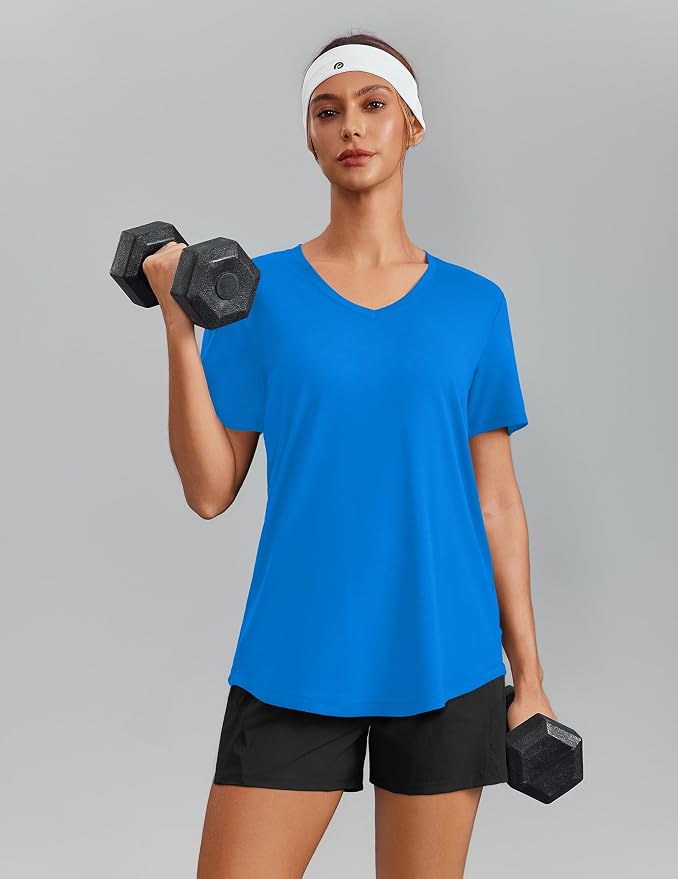 PINSPARK Soft Workout Tops for Women Short Sleeve V Neck Moisture Wicking UPF 50+ Sun Protection Quick Dry Gym Shirts