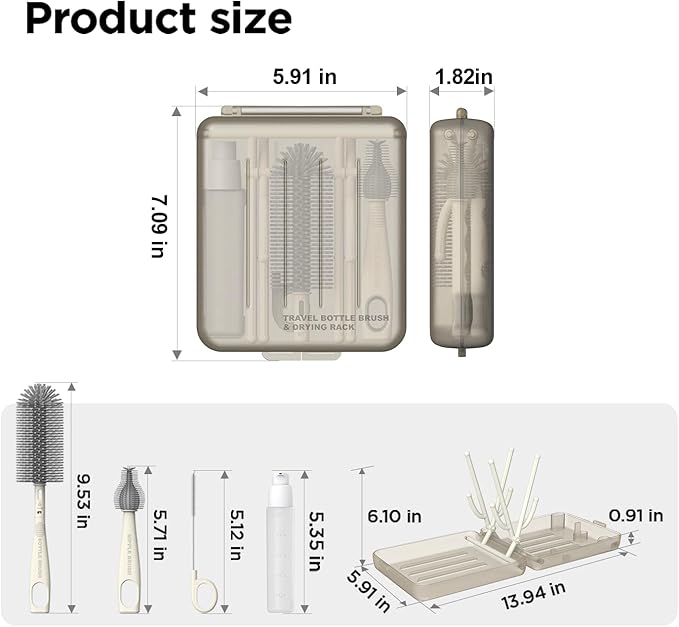 YOTIME Travel Bottle Brush Set, Auto-Open Rack & Vertical Brushs Drying Slots, 3 Brushes, Foldable Drying Rack, Dispenser, Travel Baby Essentials for On-The-Go Parents, Transparent Coffee