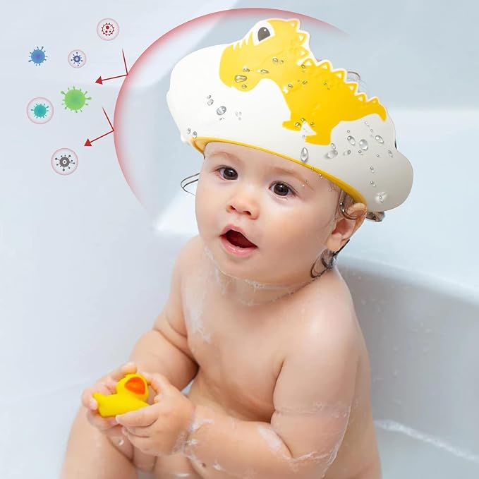 FUNUPUP Baby Shower Cap for Kids, Baby Bath Shampoo Visor Cap Hair Washing Shield Adjustable Silicone Bath Hat for Toddler Girls and Boys (Dinosaur,Yellow)