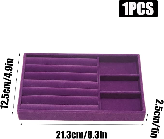 Velvet Jewelry Trays for Drawers, Purple, 2-in-1 | Stackable Jewelry Drawer Organizer, Ring Earring Necklace Bracelet Holder Organizer Display Tray with Removable Divider