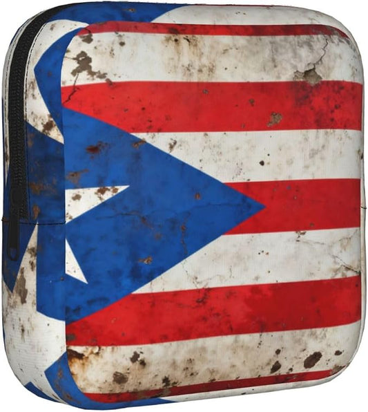Compact Feminine Care Organizer Vintage Puerto Rico Flag, Reusable Polyester Sanitary Pad Bag, Portable for Purse Travel Daily