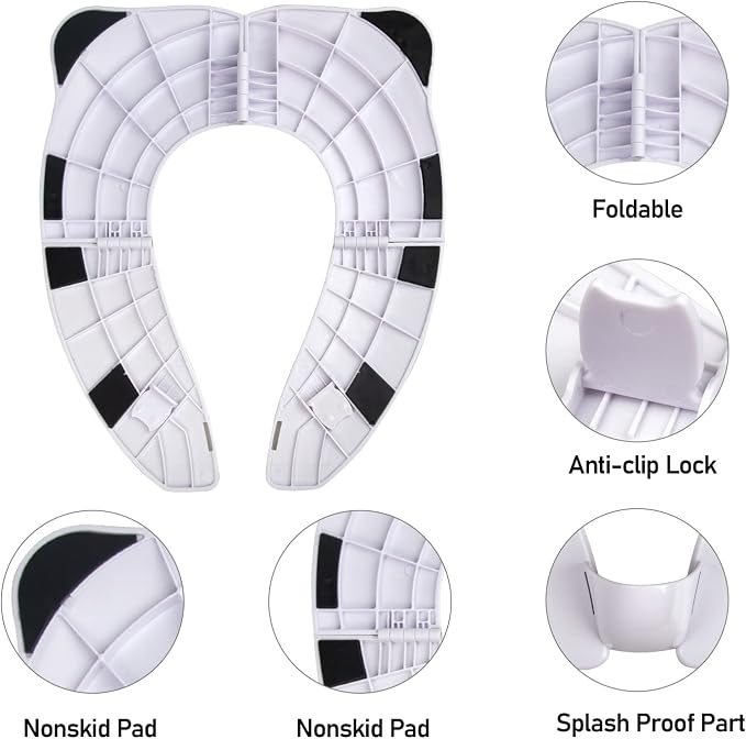 Travel Toddler Toilet Seat, Portable Toilet Training Seat for Kids, Foldable Toilet Seat Toddler in ABS Material with 8 Anti Slip Silicon Pads and 1 Carry Bag, White Panda