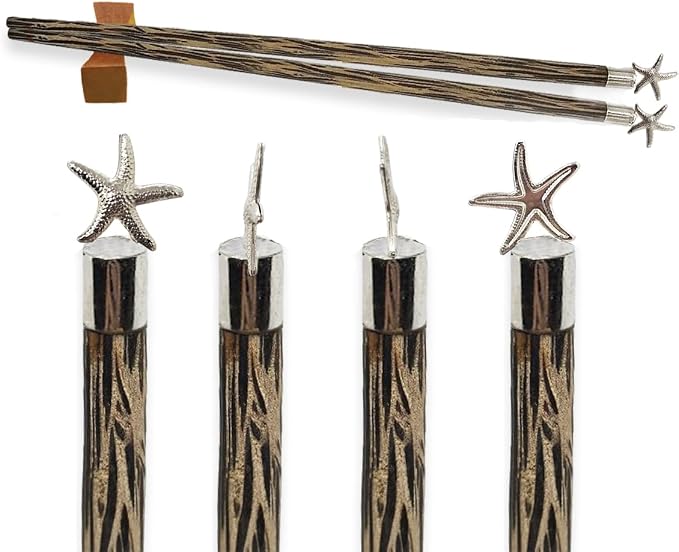 Wooden Chopsticks 9⅞" Coconut Palm Wood Chopstick With Metal Starfish Top Eating Utensils Oriental Cutlery Asian Tableware Decorative Dinnerware to Serve Chinese Japanese Korean Food