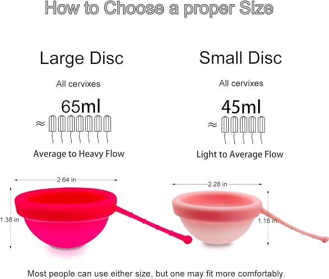 Reusable Menstrual Disc, Ultra-Soft Medical-Grade Silicone Period Disc for Women Wear 12 Hours 2 Size for Light & Heavy Flow Removal String (Red+Pink, L+S)