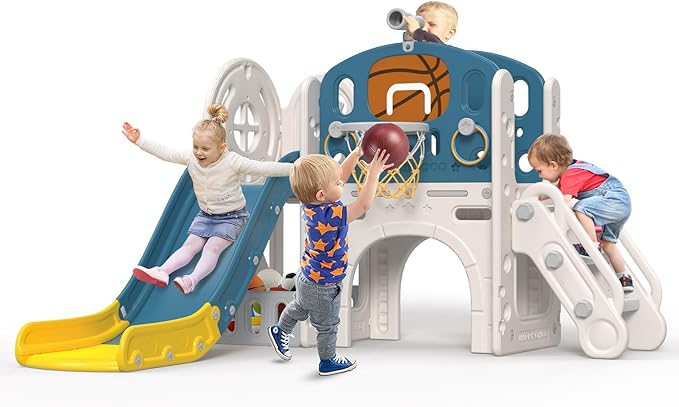 BIERUM 9 in 1 Toddler Slide, Kid Slide for Toddlers Age 1-3 with Ring Toss, Basketball Hoop, and Telescope, Indoor Outdoor Playset Playground Blue Yellow