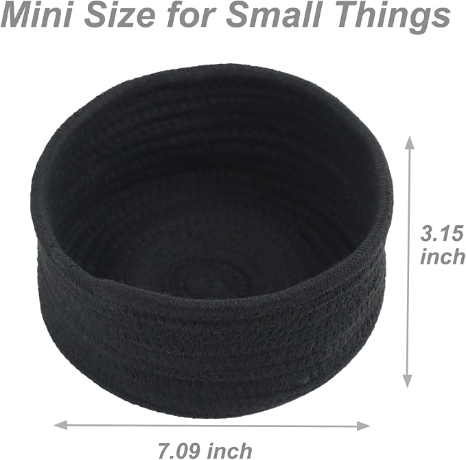 Small Woven Cotton Rope Baskets, Set of 3, Black | Mini Round Baskets, Gift and Storage Baskets, Nursery Organizer, Bathroom Countertop Bins, Decorative Boho Decor