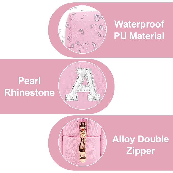ChaoGreat Bride Gifts – Personalized Initial Makeup Bag with Pearl Rhinestone Patch, Preppy Pink Monogram Cosmetic/Toiletry Pouch, bridesmaid Gifts, Bridal Shower Gifts, Wedding Gifts, Bridal Gifts,A