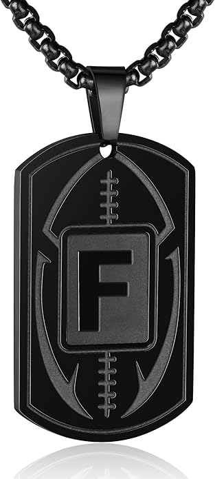 Initial A-Z Dog Tag Necklace for Men - Football Charm Pendant, Stainless Steel Chain 22+2 Inches, Personalized Sports Athletes Jewelry Gift
