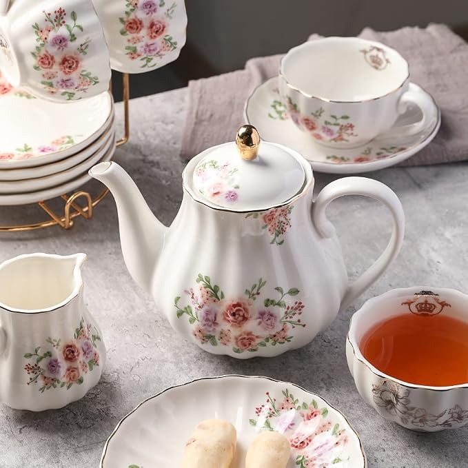 Porcelain Tea Sets British Royal Series, 8 OZ Cups & Saucer Service for 6, with Teapot Sugar Bowl Cream Pitcher Teaspoons and Tea Strainer, Suitable for High Tea, Wedding, Party（Rose Flower）