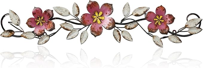 Wesiti Metal Flower Wall Decor Vintage Metal Flower Wrought Iron Scroll Sculpture 15.7''x3.7'' Not 3D, Flat Farmhouse Leaf Wall Decor with Nails for Summer Bedroom Kitchen Indoor Outdoor(Pink)