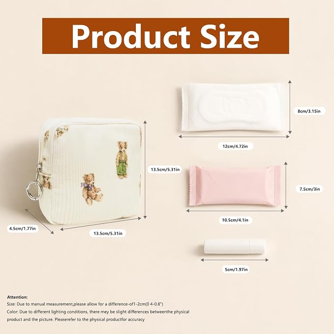 Period Bag for Girls, Corduroy Period Kit with Sanitary Pad Pouch, Menstrual Storage Bag and Tampon Holder for Purse, Girls School Essentials,Feminine Care Organizer(Cute Bear)