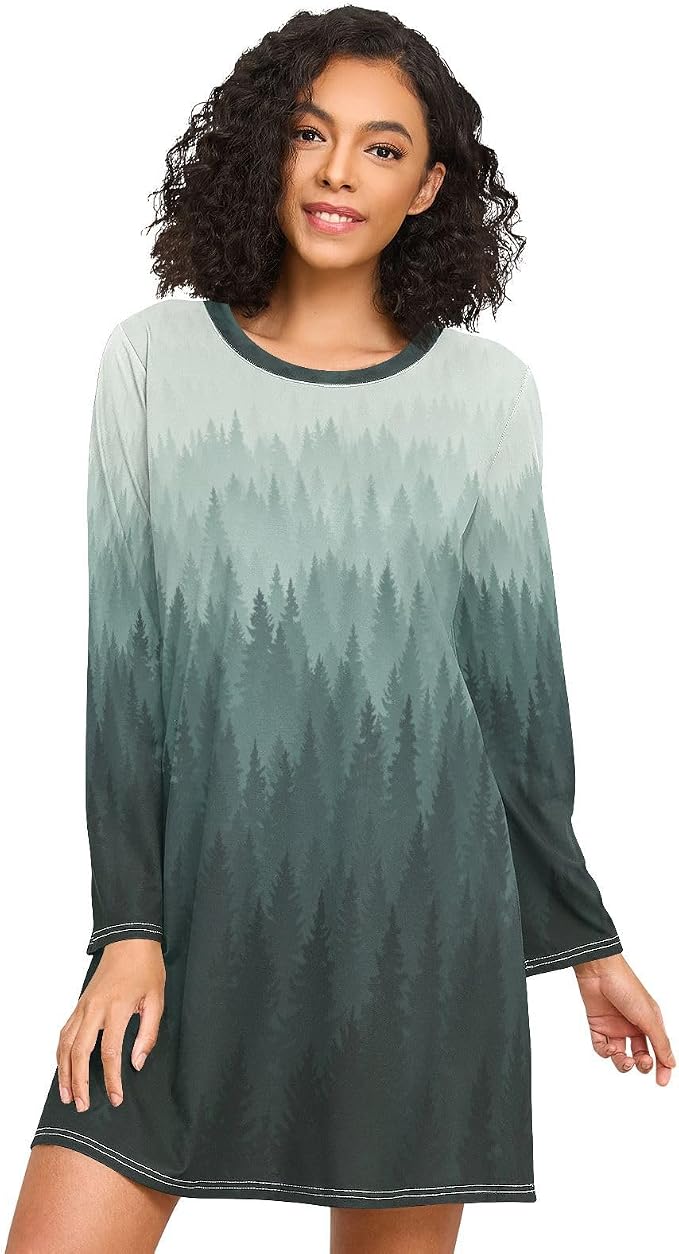 ALAZA Long Sleeve Nightgowns for Women Green Forest Tree Moo Moos Sleep Shirts Moomoo House Dresses Nightshirt Sleepwear