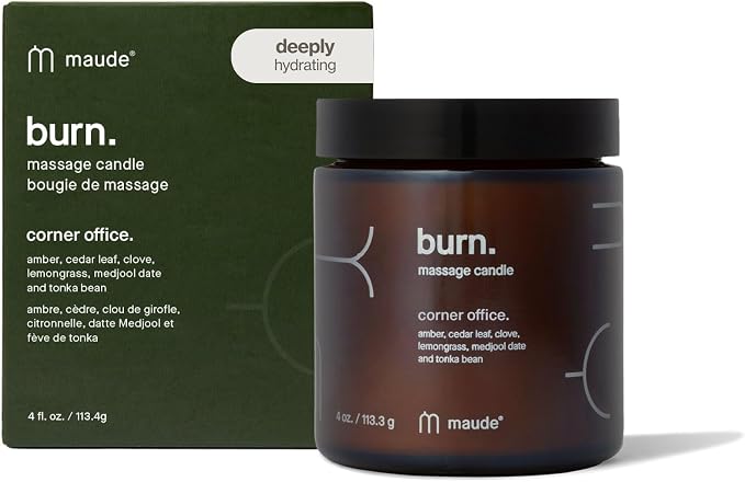 Maude Burn, Corner Office (No. 1) - Hydrating + Skin-Softening Soybean + Jojoba Oil Massage Candle - Soothing Massage Oil, Notes of Amber, Lemongrass + Tonka Bean - Relaxing Self Care Gifts (4 oz)