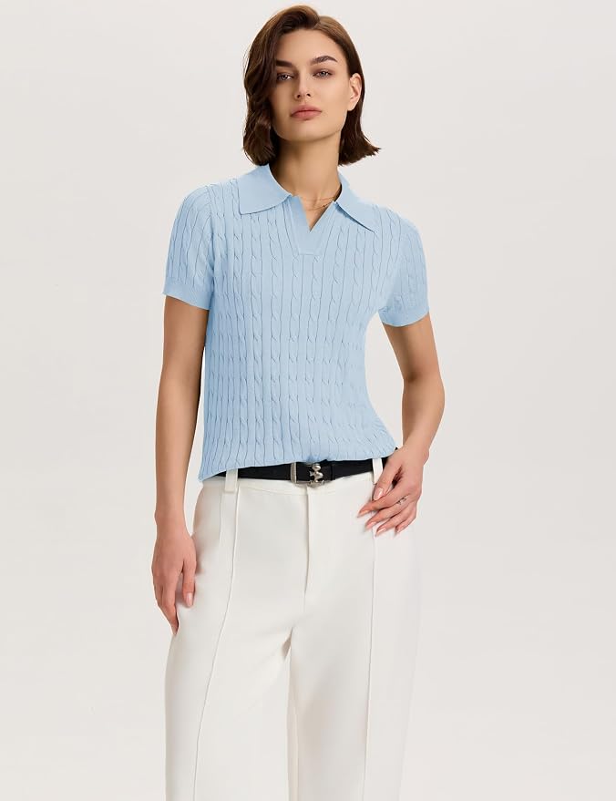 Micoson Womens Short Sleeve Sweater Tops Lapel V Neck Polo Shirts 2026 | Summer Cable Knit Loose Blouses, Business Casual Outfits