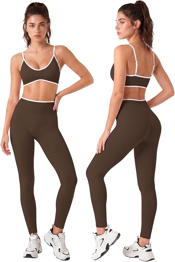 Workout Sets for Women 2 Piece Seamless Color Block Sports Bra Padded Scrunch Butt Lifting Leggings Matching Outfit