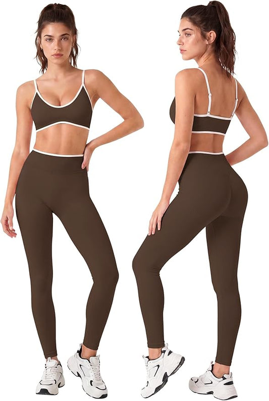 Workout Sets for Women 2 Piece Seamless Color Block Sports Bra Padded Scrunch Butt Lifting Leggings Matching Outfit