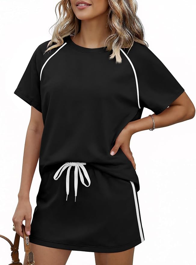 Womens 2 Piece Skirt Sets Summer Tennis Outfits Vacation Skort Set | Two Piece Sets, Short Set, Athletic Workout Golf Outfits, Crew Neck, Color Block, Drawstring, Workout Mathcing Lounge Sets