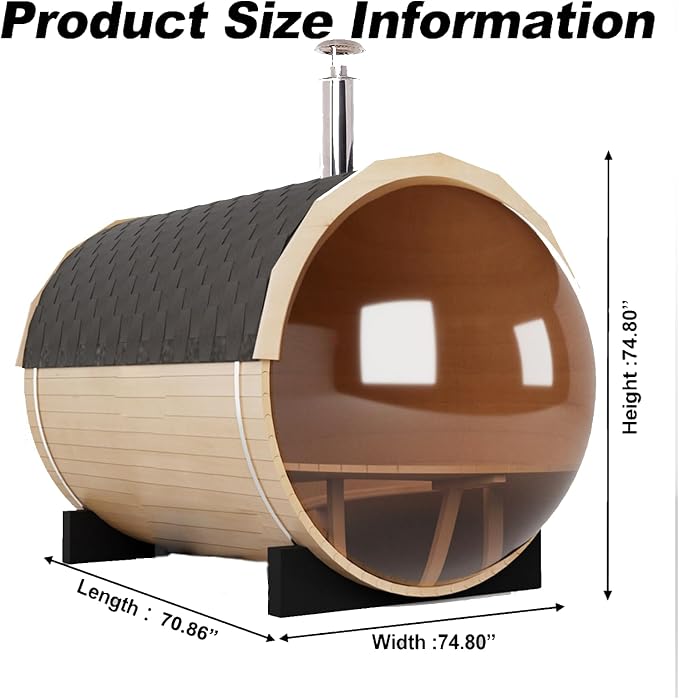 Outdoor Barrel Sauna, 4-5 Person Panoramic Saunas Room, Wood Burning Stove with Sauna Stone, Saunas Accessories and Asphalt Shingle Roof (Helmock, Wood Burning, 70.86"x74.86"x74.86"