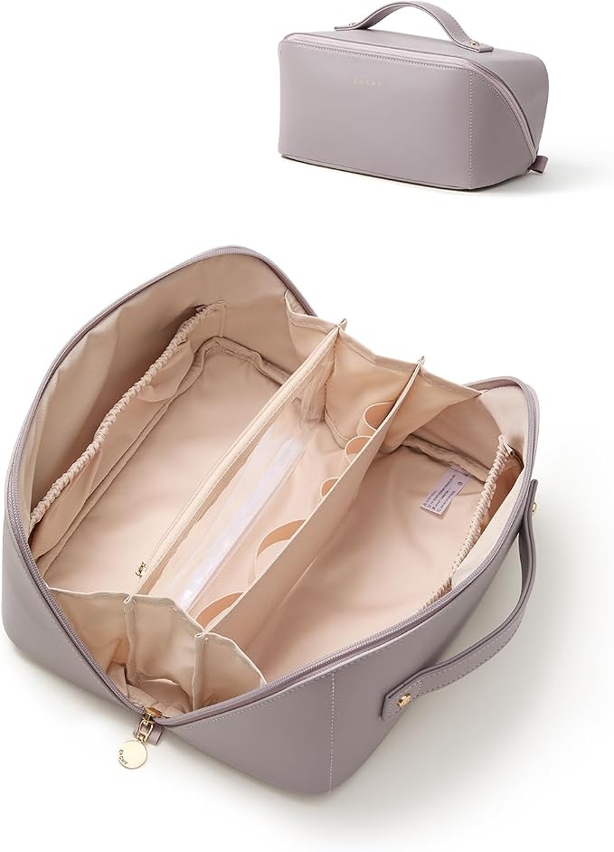 EACHY Travel Makeup Bag, Large Capacity Cosmetic Bag for Women, Waterproof PU Leather, Flat Open Portable Toiletry Bag for Skincare, Brushes & Travel Essentials