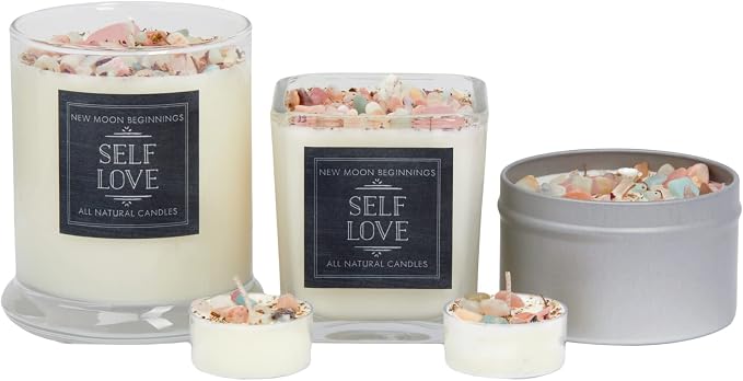 Self Love Candle by New Moon Beginnings - Negative Energy Cleansing - Handmade Aromatherapy Soy Candle - Dried Flower, Herb, & Crystal Candle - 12oz Glass Jar