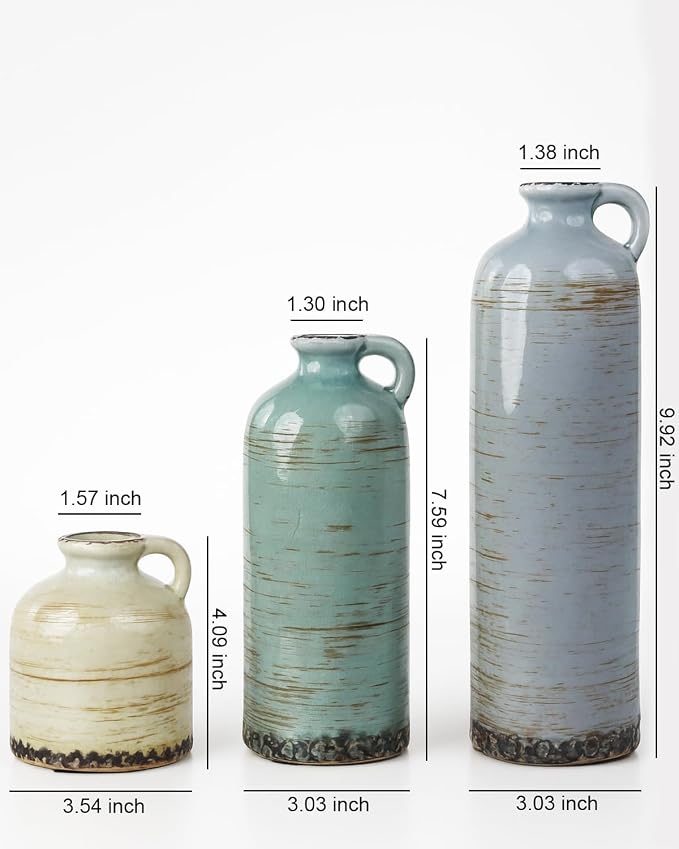 Modern Pottery Vase Set of 3 with Handles, Neutral Jugs for Home Decor | Morandi colors and glazed rustic finish for flowers, table centerpieces, shelves and living rooms
