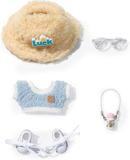 5 Set 17cm Doll Clothes -Clothes for Dolls Outfit - Accessories for 17cm Dolls Clothes +Light Pink Heart-Shaped Velvet hat + Small Camera + Glasses + Canvas Shoes, No Doll Included (Style A3)