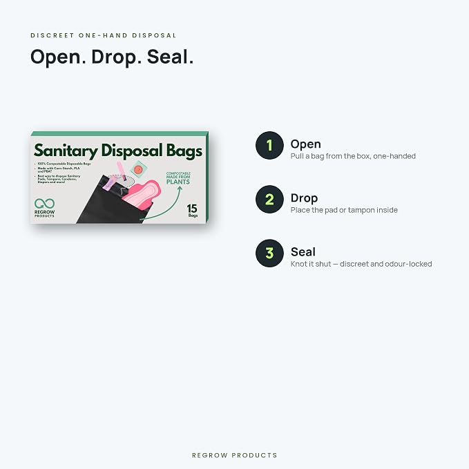 Sanitary Disposal Bags (Single Pack x 15 Bags) – Bio-Based PLA, Leak-Proof & Odor-Lock Bags (Meets ASTM D6400 Standards) for Pads, Tampons & Panty Liners – Easy-Seal, Travel-Friendly.