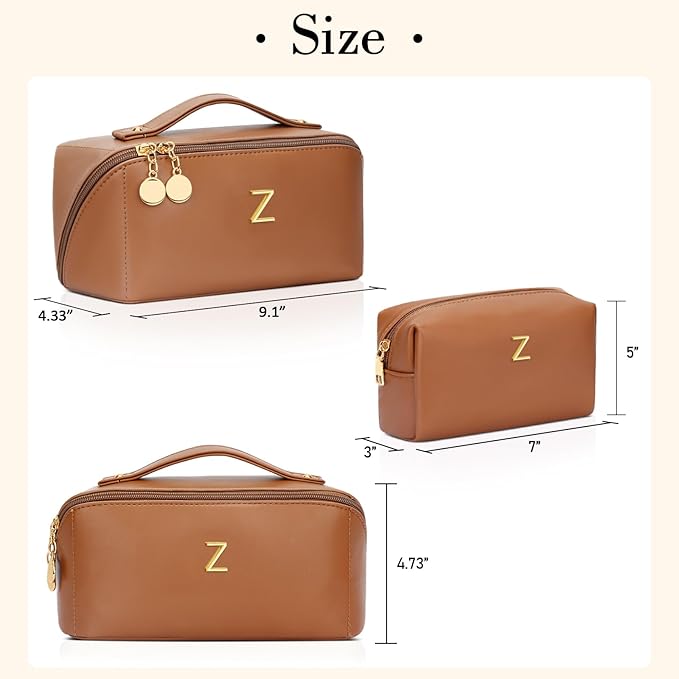 Birthday Gifts for Women Teen Girl, Personalized Initial Makeup Organizer Bag Set, Open Flat Travel Cosmetic Bag With Clear Divider and Handle(Brown,Z)