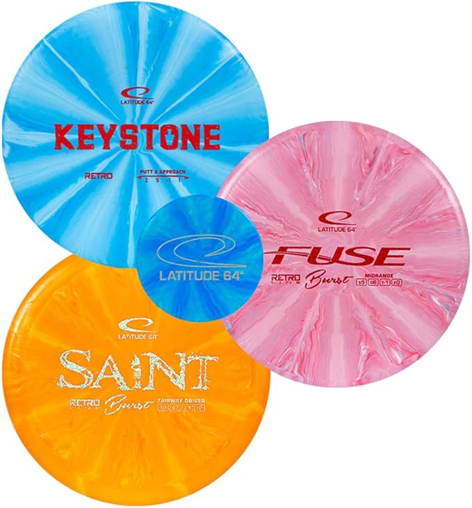 Latitude 64 Retro Burst Disc Golf Starter Set | Perfect Disc Golf Set for New to Intermediate Players | Includes Bonus Mini Marker | Grippy Base Plastic | Colors May Vary