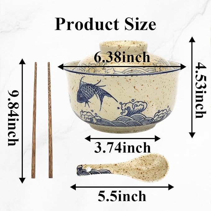 25 Oz Ceramic Ramen Bowl Set with Lid, Spoon & Chopsticks - Japanese Vintage Large Soup Bowl, Asian Tableware for Instant Noodles, Soup & Rice (Fish Pattern)