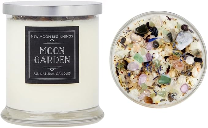 Moon Garden Candle by New Moon Beginnings - Soy Candle - All Natural Aromatherapy Crystal Candles - Intention Candle - Manifestation Candle - 12 oz Glass Jar