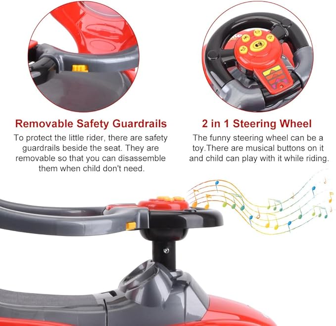 ChromeWheels 3 in 1 Ride on Push Car for Toddlers with Removable Handle/Guardrails/Pedal, Horn, Music, Under Seat Storage (Red)