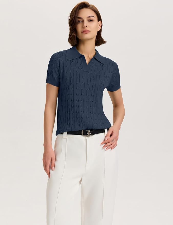 Micoson Womens Short Sleeve Sweater Tops Lapel V Neck Polo Shirts 2026 | Summer Cable Knit Loose Blouses, Business Casual Outfits