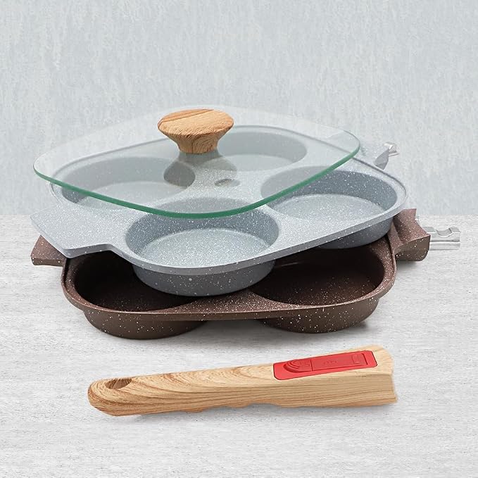 Ceramic Egg Frying Pan with Lid, Nonstick 4 Cup Fried Egg Pan - Blue | Detachable Handle, Omelette Pan Induction Compatible