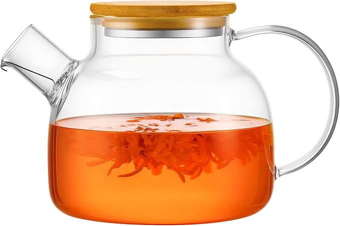PARACITY Glass Teapot Stovetop, Borosilicate Clear Tea Kettle with Removable 18/8 Stainless Steel Infuser, Teapot Blooming and Loose Leaf Tea Maker Tea (transparent, 34oz-bamboo lid)