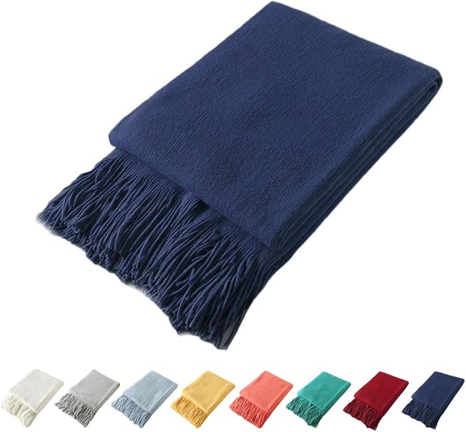 Homiest Navy Blue Knitted Throw Blanket with Fringe, 50x60 Inch | Pure Acrylic, Lightweight & Breathable, All-Season Use, Machine Washable, Wrinkle & Fade Resistant, for Couch Sofa And Bed