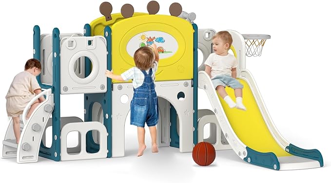 kinbor 9 in 1 Multifunctional Toddler Slide - Kids Slide with Basketball Hoop, Drawing Board & Storage, Playset for Kids Indoor Outdoor Playground Set for Toddlers Ages 1-3
