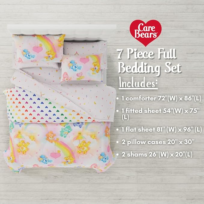 Care Bears Classic Retro Rainbow Bedding 7 Piece Super Soft Comforter and Sheet Set with Sham, Full, (100% Official Licensed Product) By Franco Collectibles