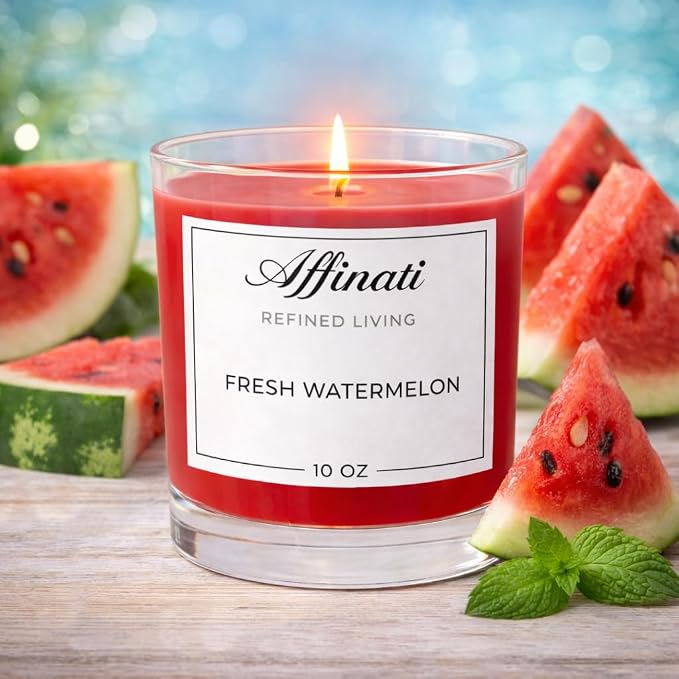 Fresh Watermelon Affinati 10 oz Scented Candle for Home – Long Lasting Fruity Soy Blend Candle with Wooden Wick, Strong Scent Throw Glass Jar Candles, Premium Clean Burning Aromatherapy Gifts