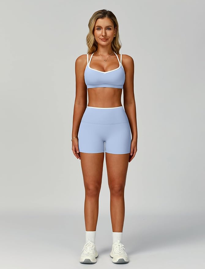 ABOCIW Workout Sets for Women 2 Piece Color Block Strappy Sports Bra High Waist Shorts Gym Yoga Pilates Outfits